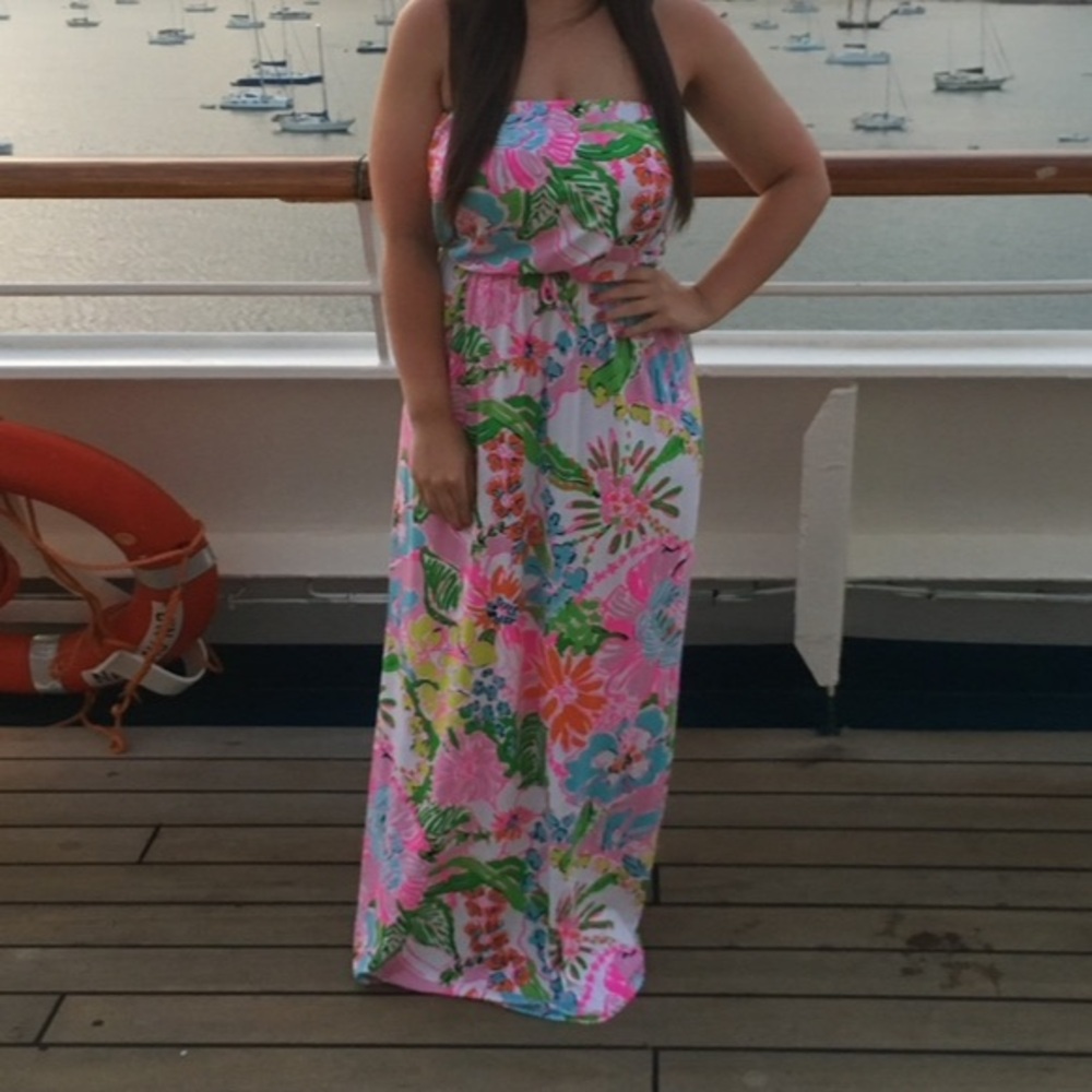 Lilly For Target Women’s Maxi Dress Nosey Posey Medium Strapless Vacation Floral - Picture 4 of 6